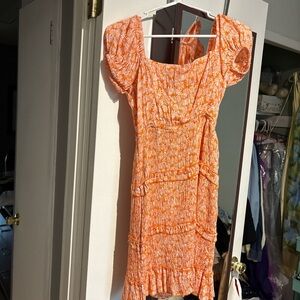 Vibrant Orange Floral Midi Dress